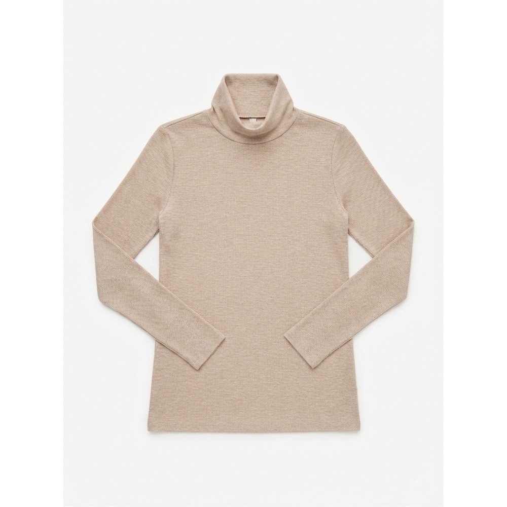 Loft Turtleneck Top Womens Small Beige Ribbed Long Sleeve Stretch Good